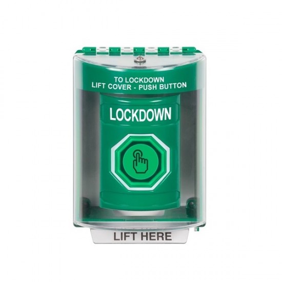 SS2177LD-EN STI Green Indoor/Outdoor Surface Weather Resistant Momentary Stopper Station w/ LOCKDOWN Label