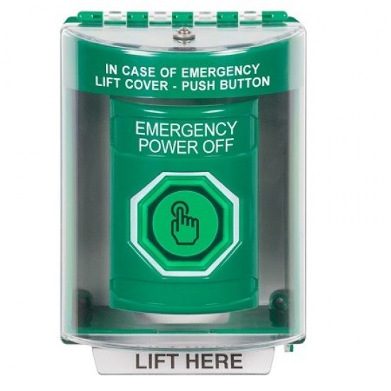 SS2177PO-EN STI Green Indoor/Outdoor Surface Weather Resistant Momentary Stopper Station w/ EMERGENCY POWER OFF Label