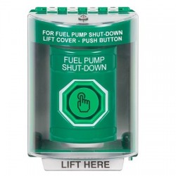 SS2177PS-EN STI Green Indoor/Outdoor Surface Weather Resistant Momentary Stopper Station w/ FUEL PUMP SHUT DOWN Label