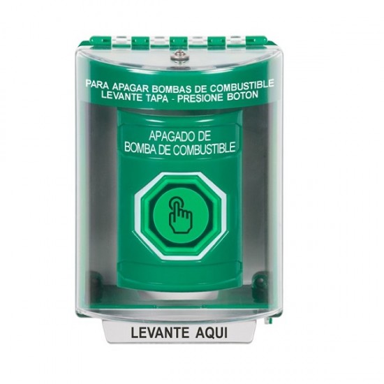 SS2177PS-ES STI Green Indoor/Outdoor Surface Weather Resistant Momentary Stopper Station w/ FUEL PUMP SHUT DOWN Spanish