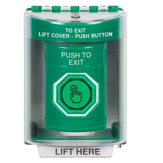 SS2177PX-EN STI Green Indoor/Outdoor Surface Weather Resistant Momentary Stopper Station w/ PUSH TO EXIT Label