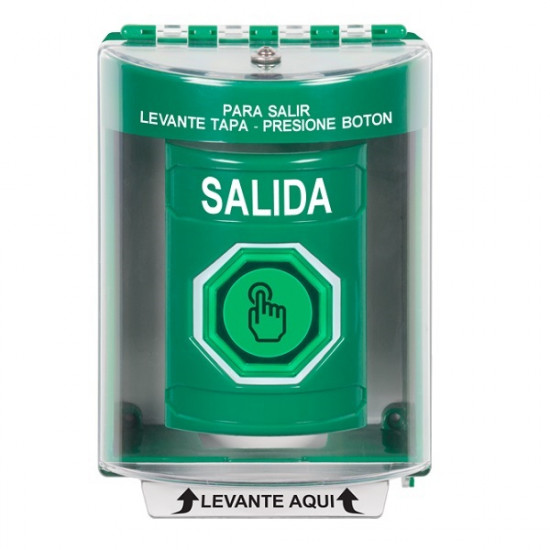 SS2177XT-ES STI Green Indoor/Outdoor Surface Weather Resistant Momentary (Illuminated) with Green Lens Stopper Station with EXIT Label Spanish