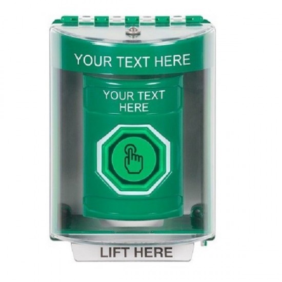 SS2177ZA-EN STI Green Indoor/Outdoor Surface Weather Resistant Momentary Stopper Station w/ Custom Text Label