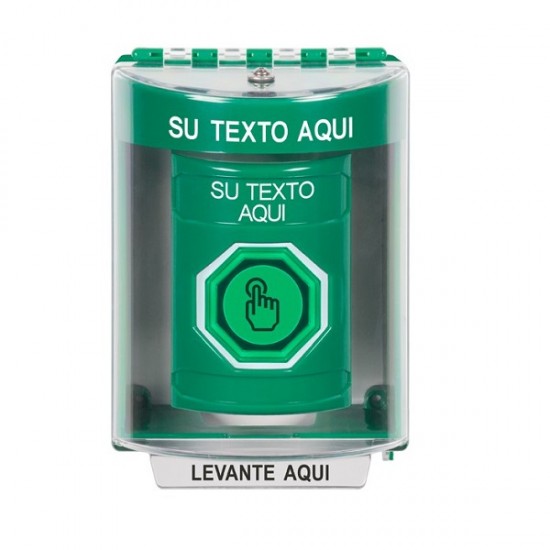 SS2177ZA-ES STI Green Indoor/Outdoor Surface Weather Resistant Momentary Stopper Station w/ Custom Text Spanish