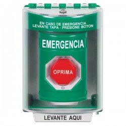 SS2179EM-ES STI Green Indoor/Outdoor Surface Turn-to-Reset (Illuminated) Stopper Station with EMERGENCY Label Spanish