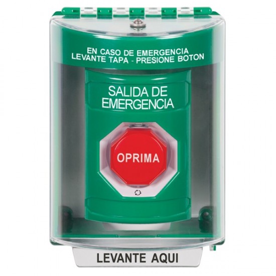 SS2179EX-ES STI Green Indoor/Outdoor Surface Turn-to-Reset (Illuminated) Stopper Station with EMERGENCY EXIT Label Spanish