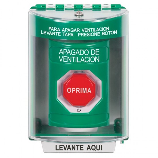 SS2179HV-ES STI Green Indoor/Outdoor Surface Turn-to-Reset (Illuminated) Stopper Station with HVAC SHUT DOWN Label Spanish