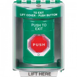 SS2179PX-EN STI Green Indoor/Outdoor Surface Turn-to-Reset (Illuminated) Stopper Station with PUSH TO EXIT Label English