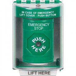 SS2180ES-EN STI Green Indoor/Outdoor Surface w/ Horn Key-to-Reset Stopper Station with EMERGENCY STOP Label English