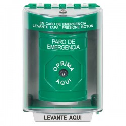SS2180ES-ES STI Green Indoor/Outdoor Surface w/ Horn Key-to-Reset Stopper Station with EMERGENCY STOP Label Spanish