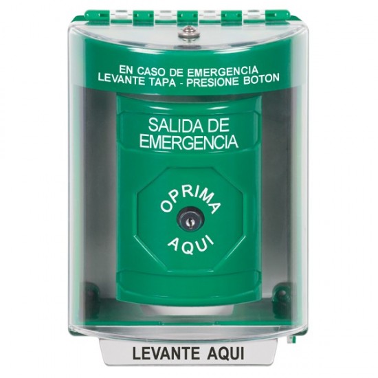 SS2180EX-ES STI Green Indoor/Outdoor Surface w/ Horn Key-to-Reset Stopper Station with EMERGENCY EXIT Label Spanish