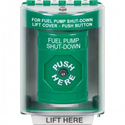 SS2180PS-EN STI Green Indoor/Outdoor Surface w/ Horn Key-to-Reset Stopper Station with FUEL PUMP SHUT DOWN Label English