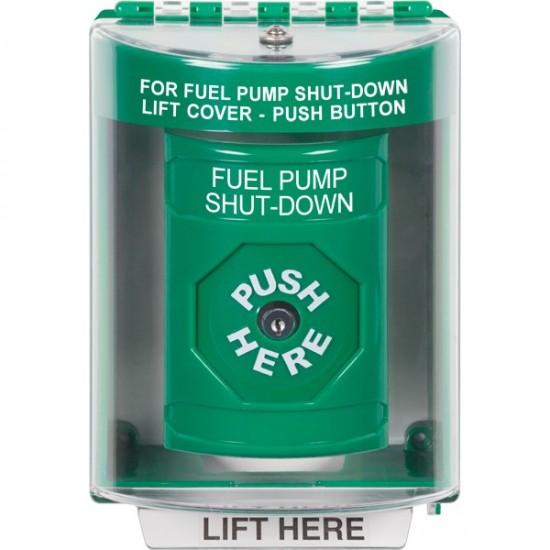 SS2180PS-EN STI Green Indoor/Outdoor Surface w/ Horn Key-to-Reset Stopper Station with FUEL PUMP SHUT DOWN Label English