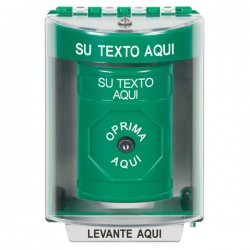SS2180ZA-ES STI Green Indoor/Outdoor Surface w/ Horn Key-to-Reset Stopper Station with Non-Returnable Custom Text Label Spanish