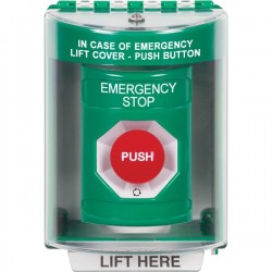 SS2181ES-EN STI Green Indoor/Outdoor Surface w/ Horn Turn-to-Reset Stopper Station with EMERGENCY STOP Label English