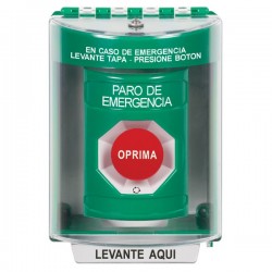 SS2181ES-ES STI Green Indoor/Outdoor Surface w/ Horn Turn-to-Reset Stopper Station with EMERGENCY STOP Label Spanish