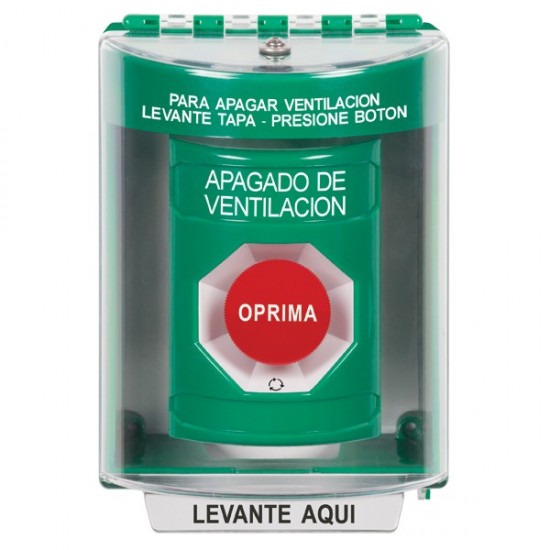 SS2181HV-ES STI Green Indoor/Outdoor Surface w/ Horn Turn-to-Reset Stopper Station with HVAC SHUT DOWN Label Spanish