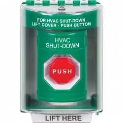 SS2182HV-EN STI Green Indoor/Outdoor Surface w/ Horn Key-to-Reset Stopper Station w/ HVAC SHUT DOWN Label