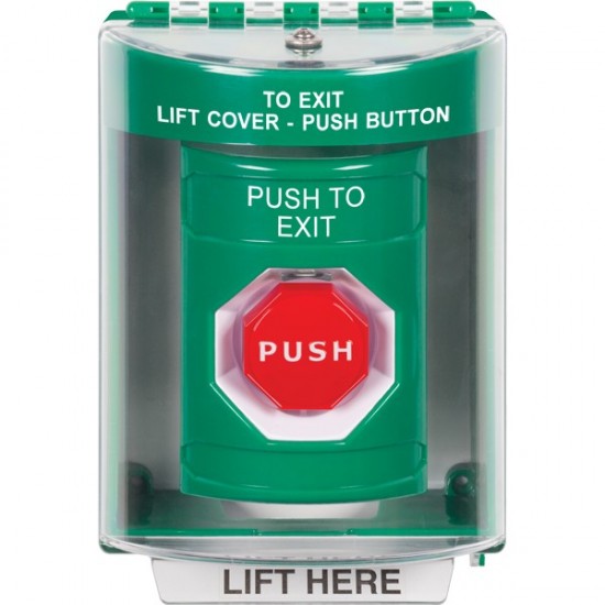 SS2182PX-EN STI Green Indoor/Outdoor Surface w/ Horn Key-to-Reset (Illuminated) Stopper Station with PUSH TO EXIT Label English