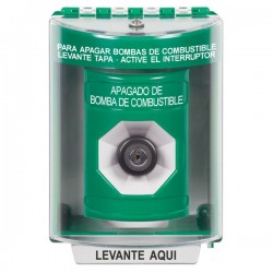 SS2183PS-ES STI Green Indoor/Outdoor Surface w/ Horn Key-to-Activate Stopper Station with FUEL PUMP SHUT DOWN Label Spanish