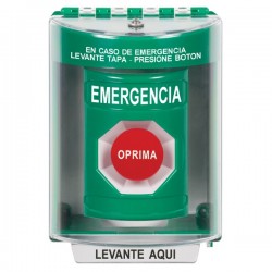 SS2184EM-ES STI Green Indoor/Outdoor Surface w/ Horn Momentary Stopper Station with EMERGENCY Label Spanish