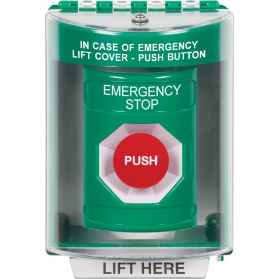 SS2184ES-EN STI Green Indoor/Outdoor Surface w/ Horn Momentary Stopper Station with EMERGENCY STOP Label English