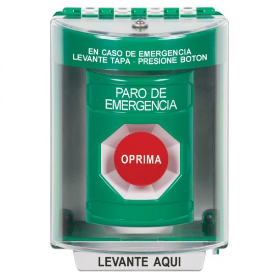 SS2184ES-ES STI Green Indoor/Outdoor Surface w/ Horn Momentary Stopper Station with EMERGENCY STOP Label Spanish
