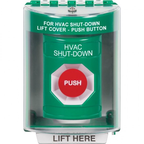 SS2184HV-EN STI Green Indoor/Outdoor Surface w/ Horn Momentary Stopper Station with HVAC SHUT DOWN Label English