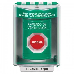 SS2184HV-ES STI Green Indoor/Outdoor Surface w/ Horn Momentary Stopper Station with HVAC SHUT DOWN Label Spanish