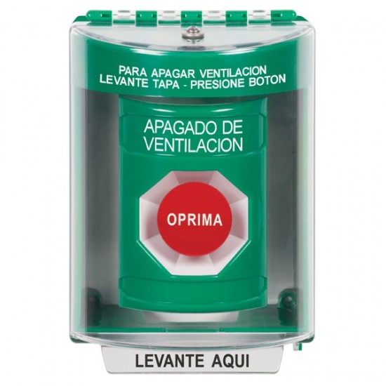 SS2184HV-ES STI Green Indoor/Outdoor Surface w/ Horn Momentary Stopper Station with HVAC SHUT DOWN Label Spanish
