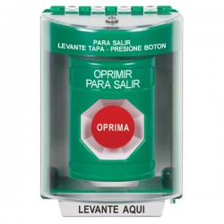 SS2184PX-ES STI Green Indoor/Outdoor Surface w/ Horn Momentary Stopper Station with PUSH TO EXIT Label Spanish