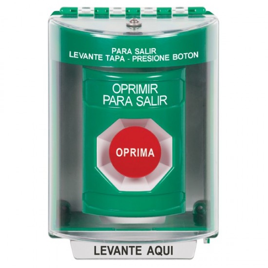 SS2184PX-ES STI Green Indoor/Outdoor Surface w/ Horn Momentary Stopper Station with PUSH TO EXIT Label Spanish