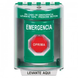 SS2185EM-ES STI Green Indoor/Outdoor Surface w/ Horn Momentary (Illuminated) Stopper Station with EMERGENCY Label Spanish