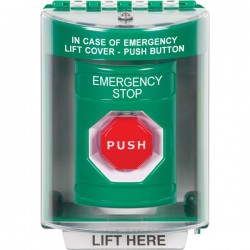 SS2185ES-EN STI Green Indoor/Outdoor Surface w/ Horn Momentary (Illuminated) Stopper Station with EMERGENCY STOP Label English