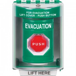 SS2185EV-EN STI Green Indoor/Outdoor Surface w/ Horn Momentary (Illuminated) Stopper Station with EVACUATION Label English