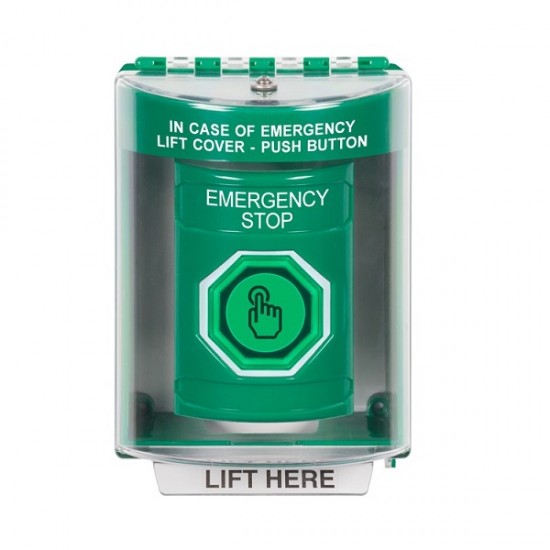 SS2186ES-EN STI Green Indoor/Outdoor Surface w/ Horn Momentary (Illuminated) Stopper Station w/ EMERGENCY STOP Label