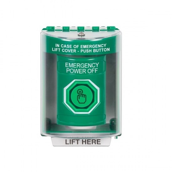 SS2186PO-EN STI Green Indoor/Outdoor Surface w/ Horn Momentary (Illuminated) Stopper Station w/ EMERGENCY POWER OFF Label