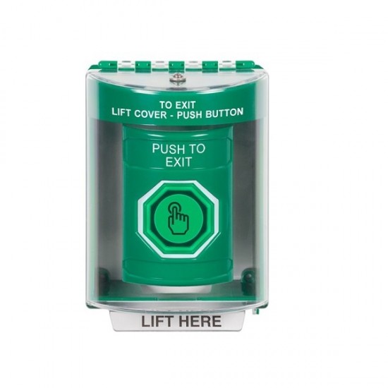 SS2186PX-EN STI Green Indoor/Outdoor Surface w/ Horn Momentary (Illuminated) Stopper Station w/ PUSH TO EXIT Label