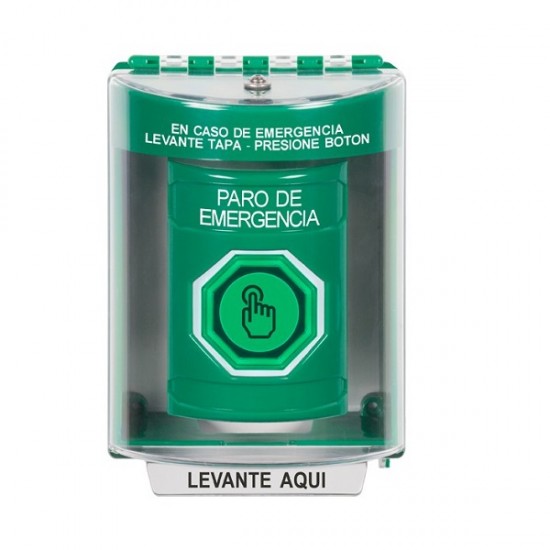 SS2187ES-ES STI Green Indoor/Outdoor Surface w/ Horn Weather Resistant Momentary Stopper Station w/ EMERGENCY STOP Spanish