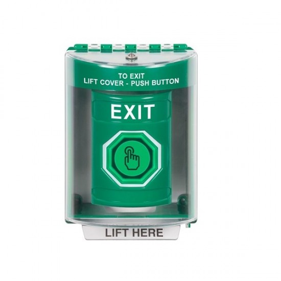 SS2187XT-EN STI Green Indoor/Outdoor Surface w/ Horn Weather Resistant Momentary Stopper Station w/ EXIT Label