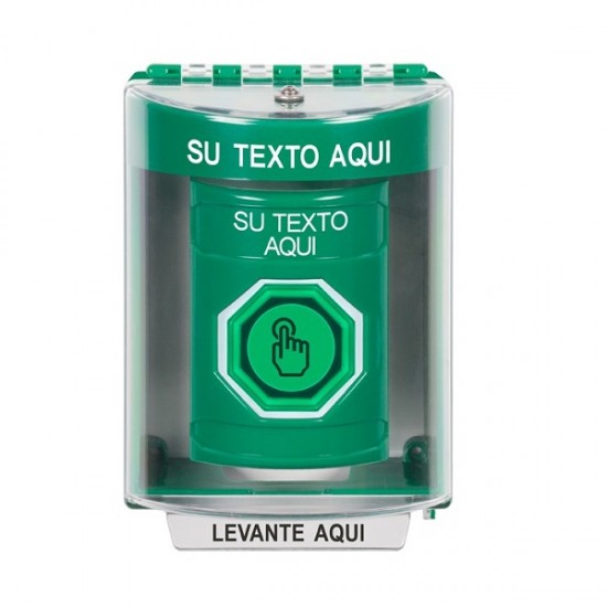 SS2187ZA-ES STI Green Indoor/Outdoor Surface w/ Horn Weather Resistant Momentary Stopper Station w/ Custom Text Spanish