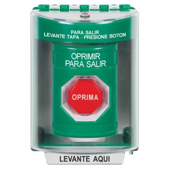 SS2188PX-ES STI Green Indoor/Outdoor Surface w/ Horn Pneumatic (Illuminated) Stopper Station with PUSH TO EXIT Label Spanish