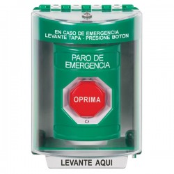 SS2189ES-ES STI Green Indoor/Outdoor Surface w/ Horn Turn-to-Reset Stopper Station w/ EMERGENCY STOP Spanish
