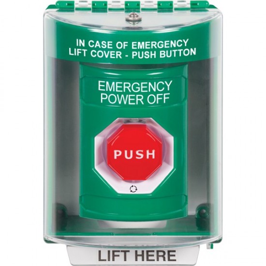 SS2189PO-EN STI Green Indoor/Outdoor Surface w/ Horn Turn-to-Reset Stopper Station w/ EMERGENCY POWER OFF Label