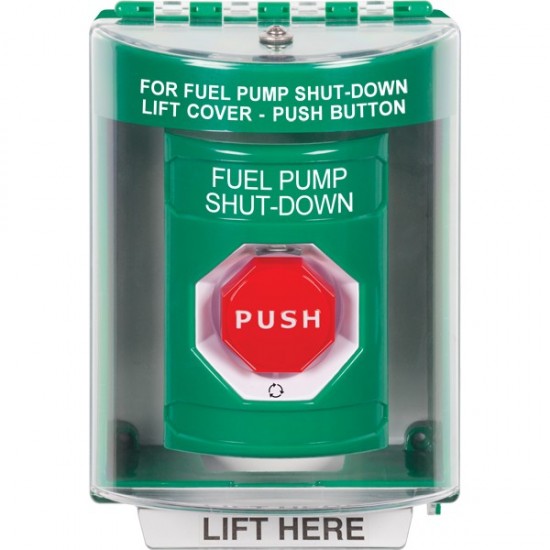 SS2189PS-EN STI Green Indoor/Outdoor Surface w/ Horn Turn-to-Reset Stopper Station w/ FUEL PUMP SHUT DOWN Label