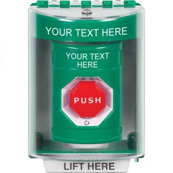SS2189ZA-EN STI Green Indoor/Outdoor Surface w/ Horn Turn-to-Reset Stopper Station w/ Custom Text Label