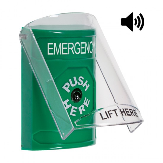 SS21A0EM-EN STI Green Indoor Only Flush or Surface w/ Horn Key-to-Reset Stopper Station with EMERGENCY Label English SS21A0EM-EN STI Green Indoor Only Flush or Surface w/ Horn Key-to-Reset Stopper Station with EMERGENCY Label English