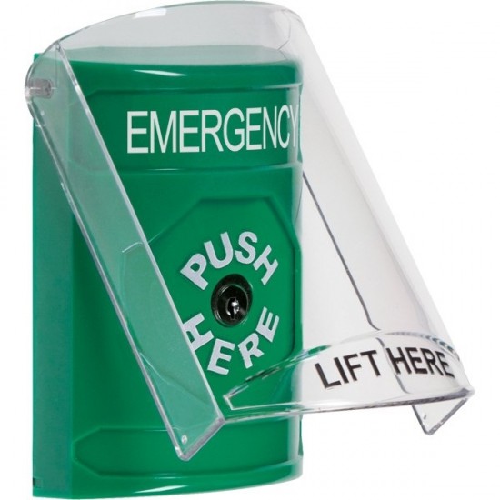 SS21A0EM-ES STI Green Indoor Only Flush or Surface w/ Horn Key-to-Reset Stopper Station with EMERGENCY Label Spanish