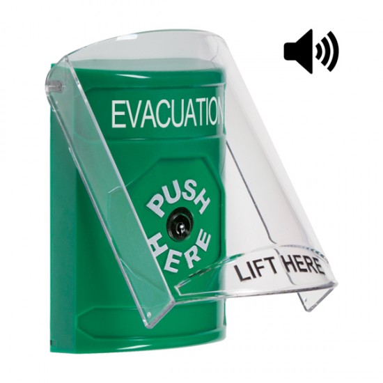 SS21A0EV-EN STI Green Indoor Only Flush or Surface w/ Horn Key-to-Reset Stopper Station with EVACUATION Label English