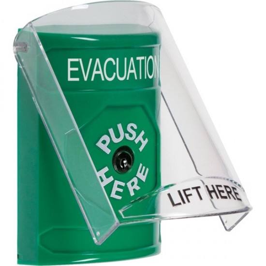 SS21A0EV-ES STI Green Indoor Only Flush or Surface w/ Horn Key-to-Reset Stopper Station with EVACUATION Label Spanish